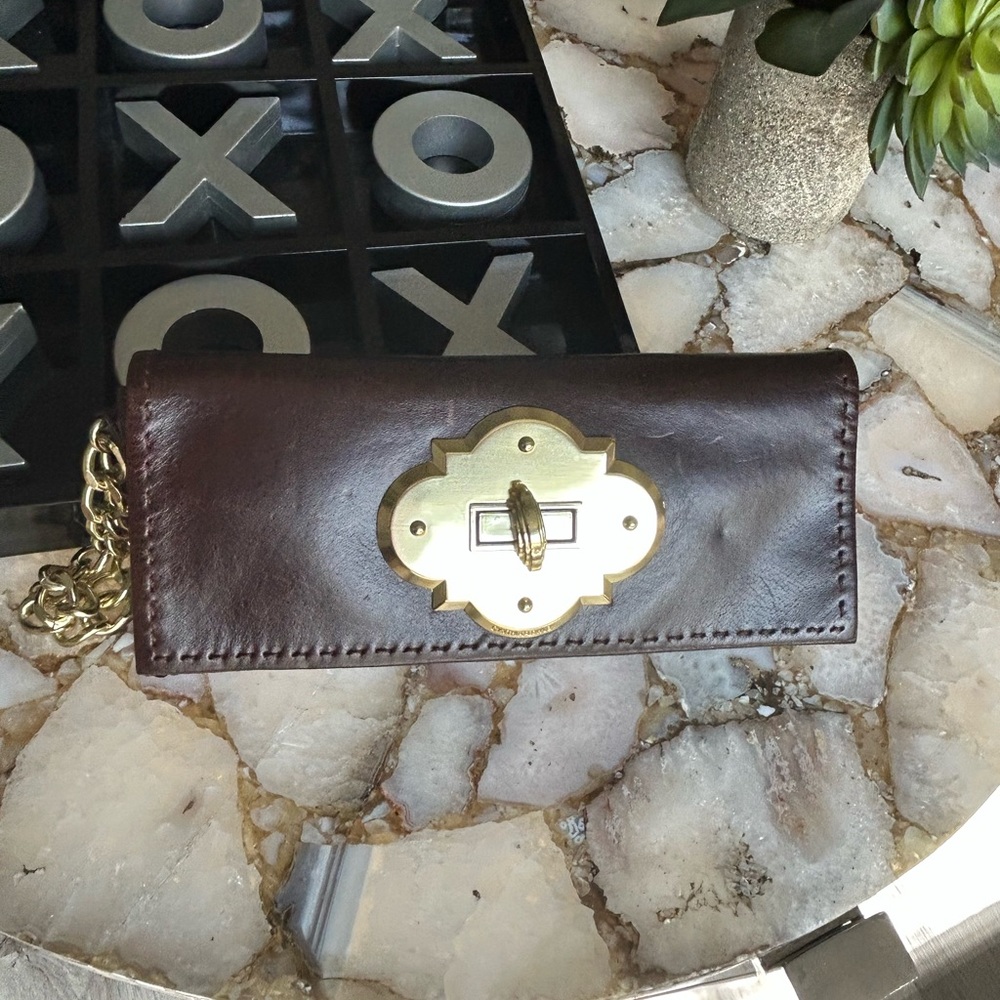 Cynthia Rowley chocolate turnkey clutch with gold chain.  Vintage